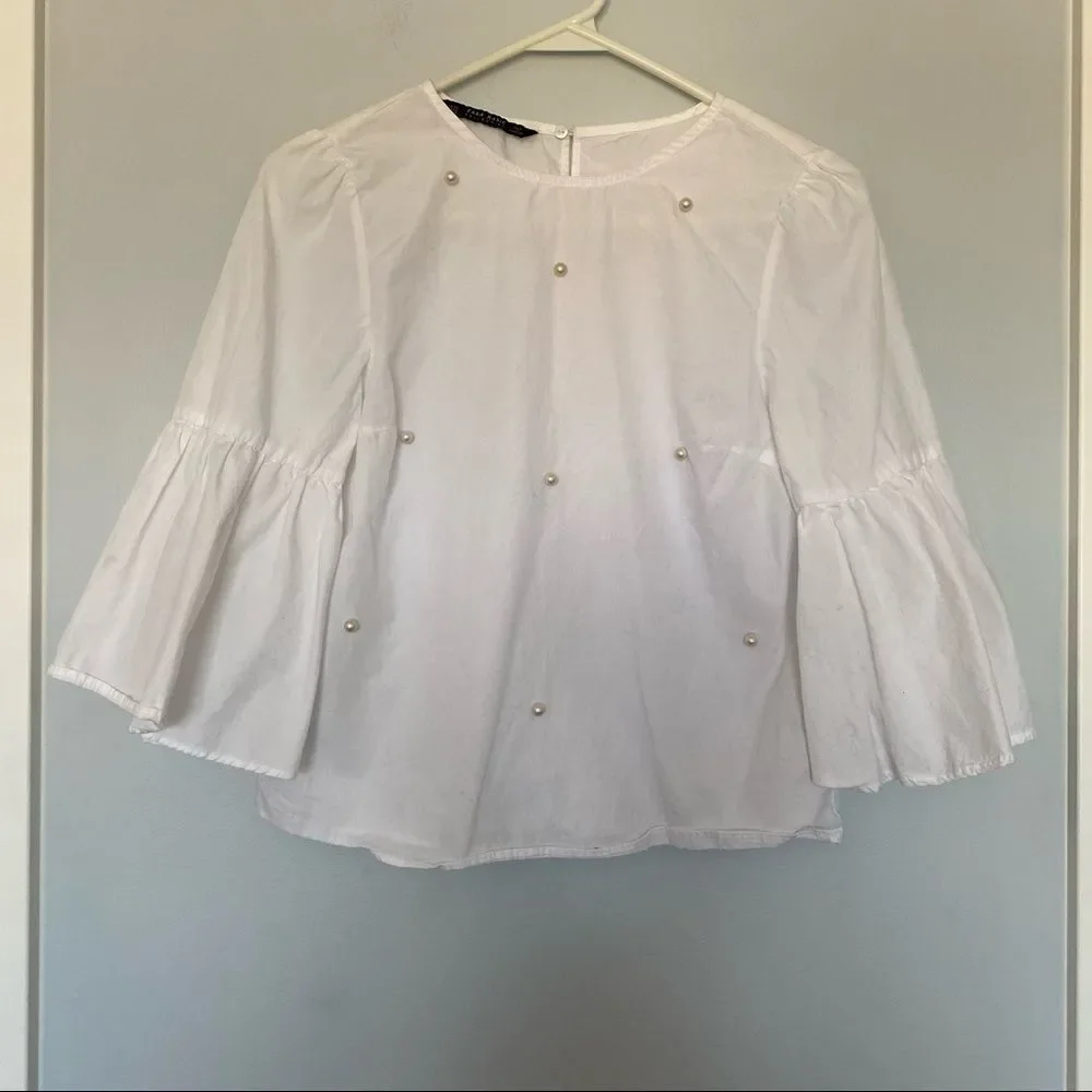 Zara white pearl top with bell sleeve XS VGUC - Picture 2 of 8